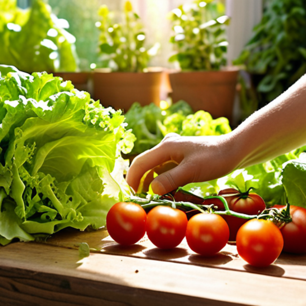 A vibrant home garden with various vegetables (lettuce, tomatoes, herbs) growing. Hands are shown tending to the plants, with a focus on the healthy, organic aspect and the joy of gardening. Sunlight streams down, highlighting the freshness.