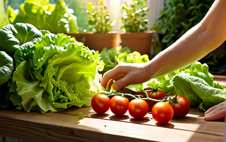 A vibrant home garden with various vegetables (lettuce, tomatoes, herbs) growing. Hands are shown tending to the plants, with a focus on the healthy, organic aspect and the joy of gardening. Sunlight streams down, highlighting the freshness.