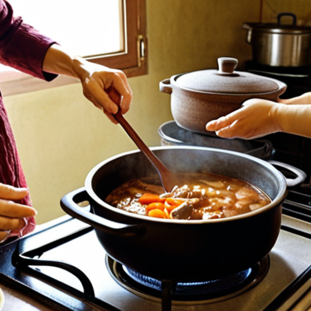 **

A warmly lit kitchen scene, focusing on a grandmother lovingly preparing a traditional Korean meal. A steaming pot of *doenjang-jjigae* (fermented soybean paste stew) simmers on a stove. Freshly picked vegetables from a garden are visible. The overall atmosphere should evoke comfort, nostalgia, and the feeling of home. The image is inspired by slow food values.

**