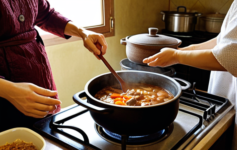 **

A warmly lit kitchen scene, focusing on a grandmother lovingly preparing a traditional Korean meal. A steaming pot of *doenjang-jjigae* (fermented soybean paste stew) simmers on a stove. Freshly picked vegetables from a garden are visible. The overall atmosphere should evoke comfort, nostalgia, and the feeling of home. The image is inspired by slow food values.

**