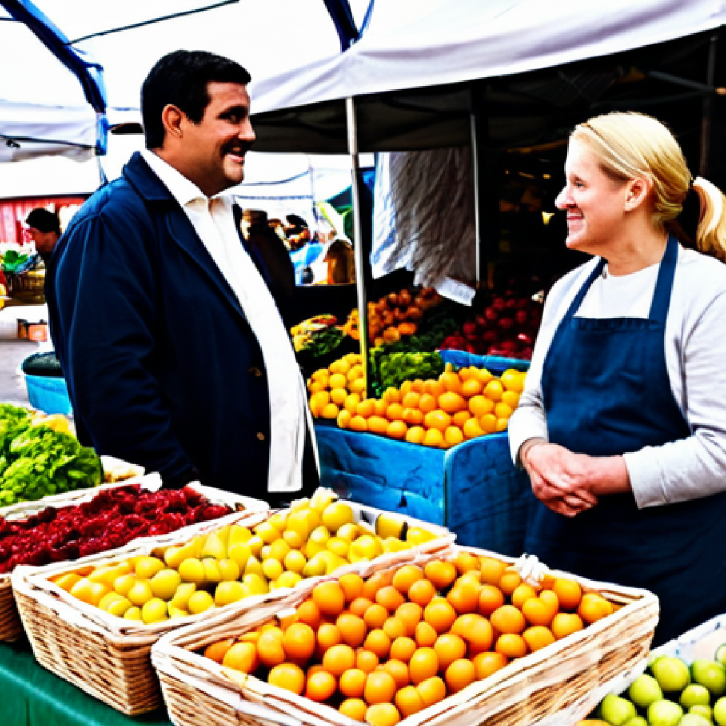 **

"A family-friendly scene at a local farmers market, showcasing various fresh produce and artisanal goods. A fully clothed farmer is interacting with customers, emphasizing the connection between producers and consumers. Baskets of colorful vegetables, fruits, and handcrafted items are displayed. Background includes a bustling market atmosphere with people in appropriate attire. safe for work, appropriate content, perfect anatomy, natural proportions, professional, modest clothing, high quality."

**