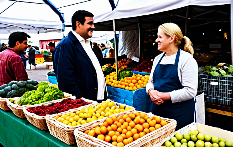**

"A family-friendly scene at a local farmers market, showcasing various fresh produce and artisanal goods. A fully clothed farmer is interacting with customers, emphasizing the connection between producers and consumers. Baskets of colorful vegetables, fruits, and handcrafted items are displayed. Background includes a bustling market atmosphere with people in appropriate attire. safe for work, appropriate content, perfect anatomy, natural proportions, professional, modest clothing, high quality."

**