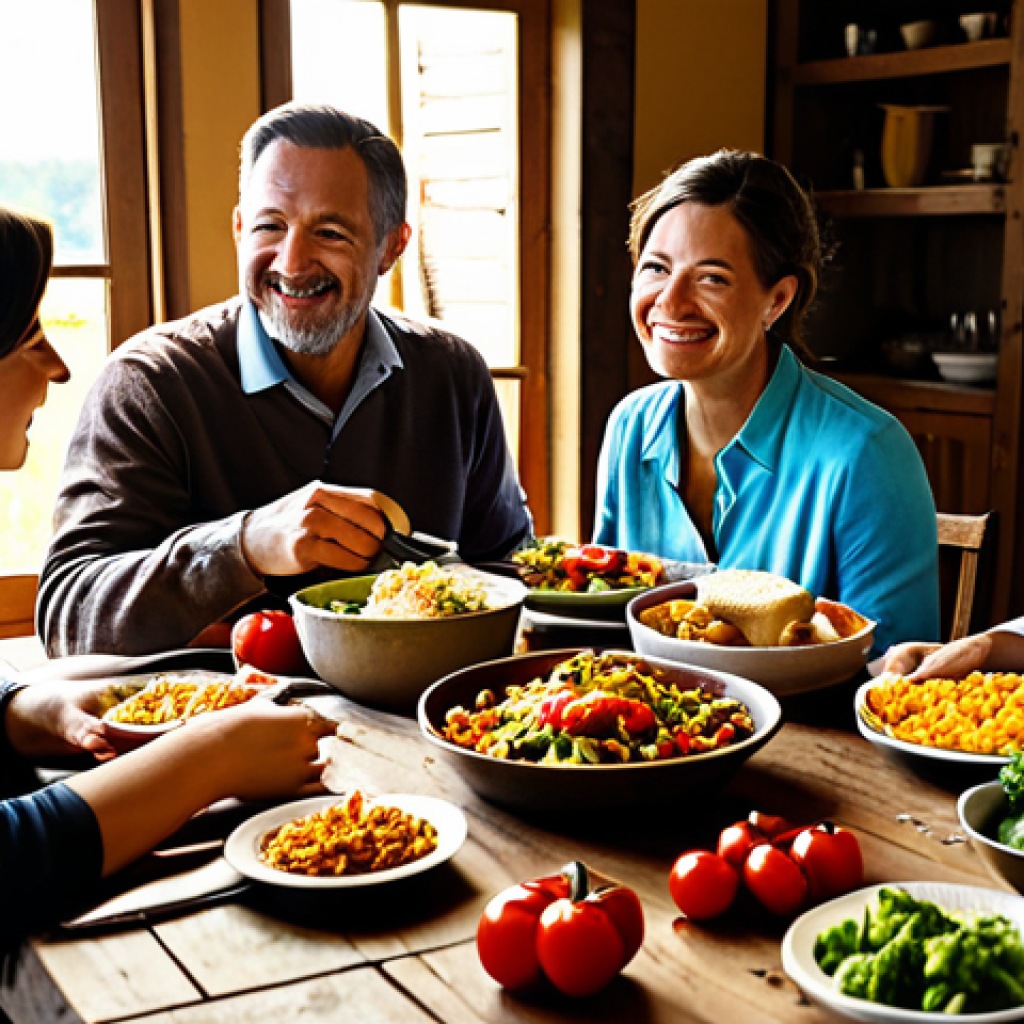 **

"A family enjoying a slow food meal at a rustic wooden table, featuring colorful vegetables and hearty dishes, set in a sunlit countryside home, fully clothed, appropriate attire, safe for work, perfect anatomy, natural proportions, professional photography, high quality, family-friendly"

**