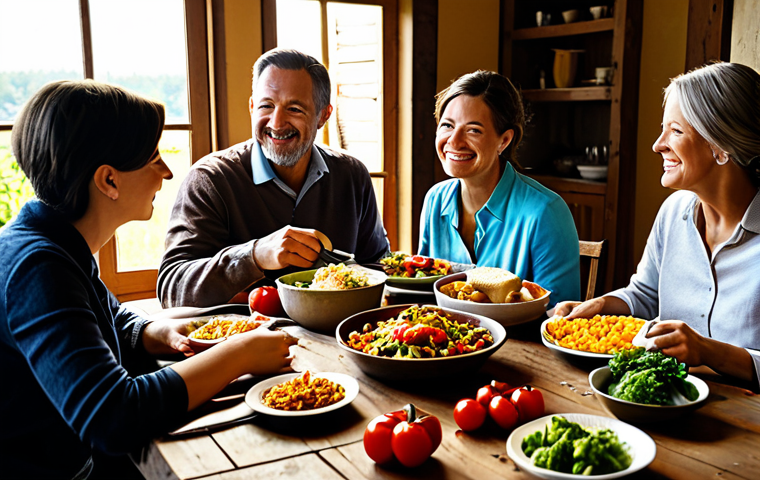 **

"A family enjoying a slow food meal at a rustic wooden table, featuring colorful vegetables and hearty dishes, set in a sunlit countryside home, fully clothed, appropriate attire, safe for work, perfect anatomy, natural proportions, professional photography, high quality, family-friendly"

**