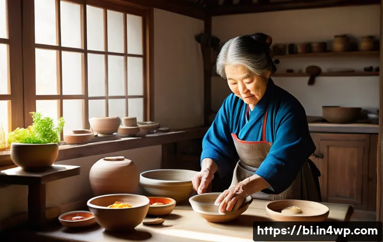 슬로우 푸드와 지속 가능한 관광 - **A Rustic Korean Kitchen with a Grandmother Preparing a Meal.** The scene captures a warm, inviting...