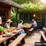슬로우 푸드의 새로운 트렌드 - A vibrant local farm-to-table dining scene set outdoors in a rustic wooden patio surrounded by lush ...