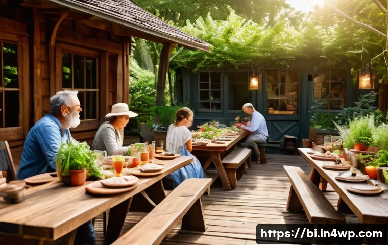 슬로우 푸드의 새로운 트렌드 - A vibrant local farm-to-table dining scene set outdoors in a rustic wooden patio surrounded by lush ...