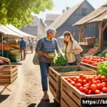 슬로우 푸드로 즐기는 특별한 저녁 - A warm, inviting kitchen scene with a family of four selecting fresh, vibrant local vegetables at a ...