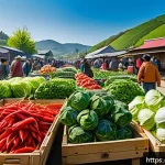슬로우 푸드와 지역 농산물의 관계 - A vibrant farmers' market scene in a small local town during spring, featuring a variety of fresh se...