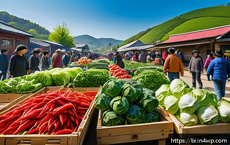 슬로우 푸드와 지역 농산물의 관계 - A vibrant farmers' market scene in a small local town during spring, featuring a variety of fresh se...
