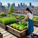 슬로우 푸드와 자급자족의 방향 - A vibrant urban rooftop garden scene in springtime, featuring diverse vegetables and herbs thriving ...
