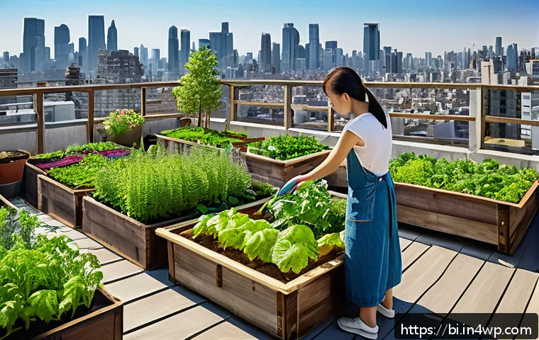 슬로우 푸드와 자급자족의 방향 - A vibrant urban rooftop garden scene in springtime, featuring diverse vegetables and herbs thriving ...