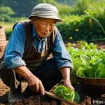 슬로우 푸드의 품질 기준 - A serene rural farm scene showcasing traditional slow food agriculture: an elderly farmer gently ten...