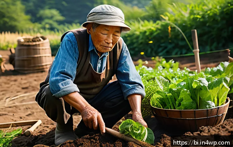 슬로우 푸드의 품질 기준 - A serene rural farm scene showcasing traditional slow food agriculture: an elderly farmer gently ten...