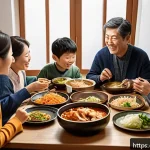 슬로우 푸드와 가족의 유대감 - A warm family dining scene showing multiple generations sitting around a wooden table, enjoying a sl...