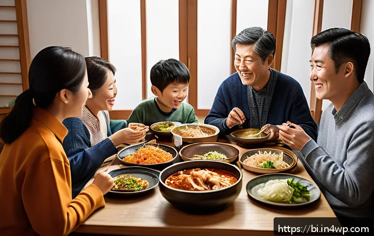 슬로우 푸드와 가족의 유대감 - A warm family dining scene showing multiple generations sitting around a wooden table, enjoying a sl...